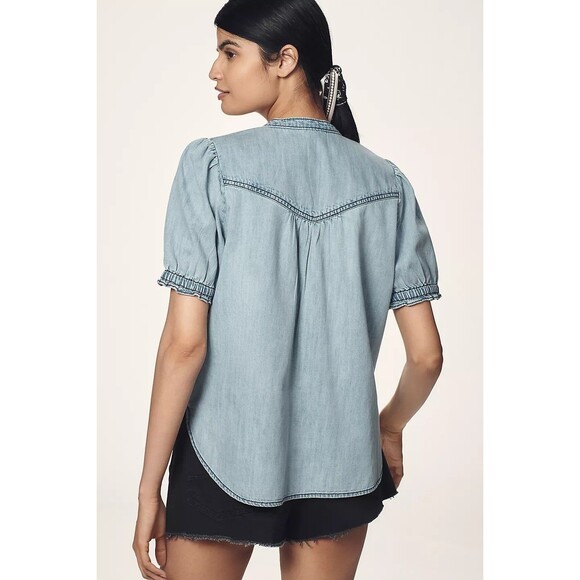 Anthropologie Pilcro The Aly Denim Puff-Sleeve Blouse Top Cotton 1X New 282557 - Picture 2 of 10